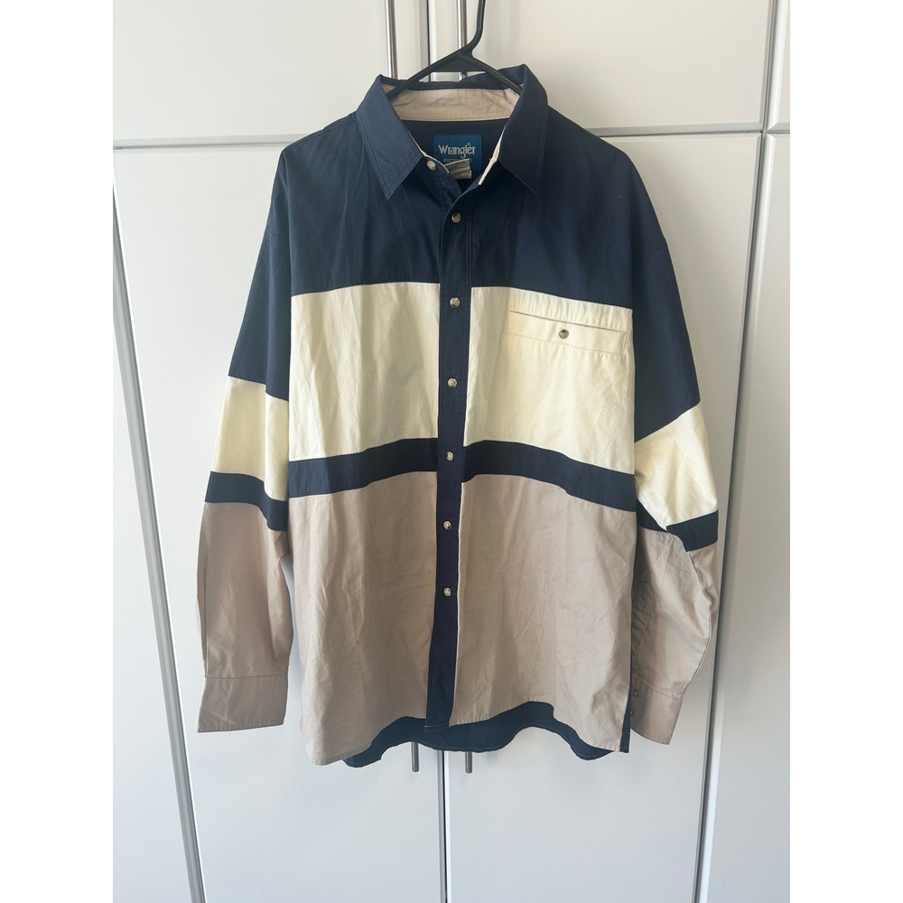 Wrangler Western Shirt Mens XL Colorblock Navy‎ Cream Tan Snap Button MH1020M